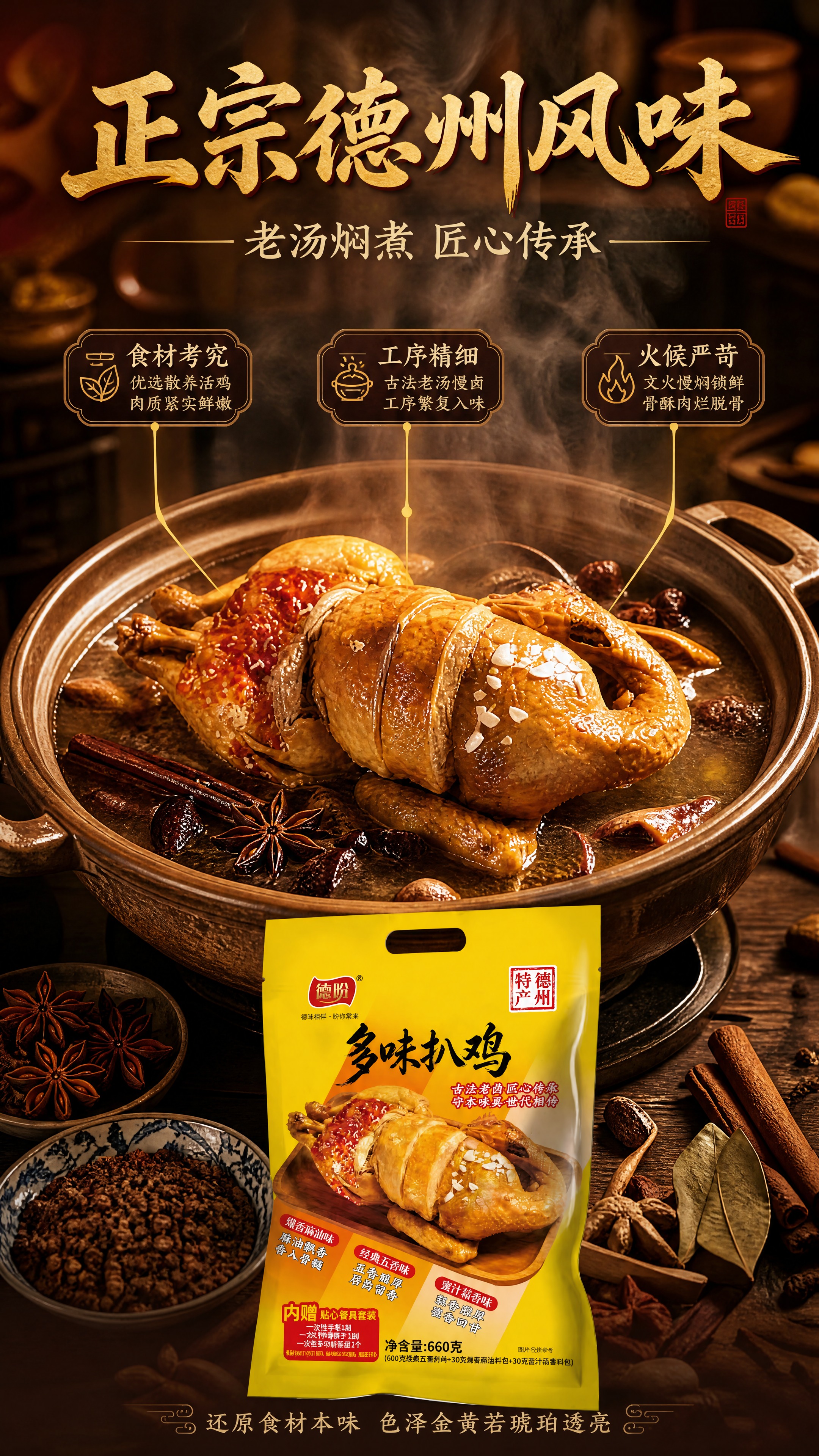 [商品] 使用【图1】德盼多味扒鸡黄色包装袋产品图；保留所有包… - 图片创意预览