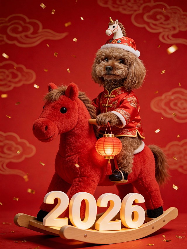国潮风软3D卡通狗拟人骑马，红衣戴帽手持灯笼，毛发生长质感，光影璀璨，喜庆迎新春2026。