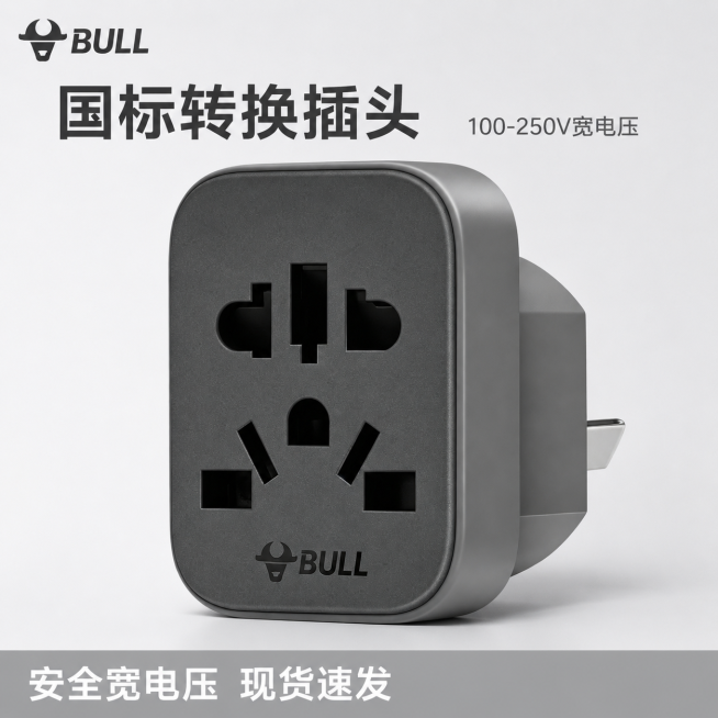 [主图-1]国标转换插头首图
[氛围风格]简约灰白色现代风格
[画质]商业摄影质感，光线柔和通透，产品清晰真实，画面干净高级
[元素]灰色国标转换插头居中放大放置，保持产品外观（物理结构、材质质感、颜预览效果