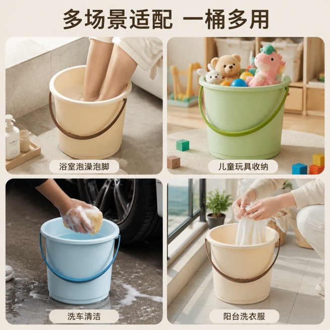 [主图-4] 多场景适用宫格展示
[氛围风格] 生活化真实场景，代入感强
[画质] 商业摄影质感、光线柔和通透、产品清晰真实、画面干净高级
[元素] 四宫格布局，分别展示水桶在不同场景使用：左上浴室泡预览效果