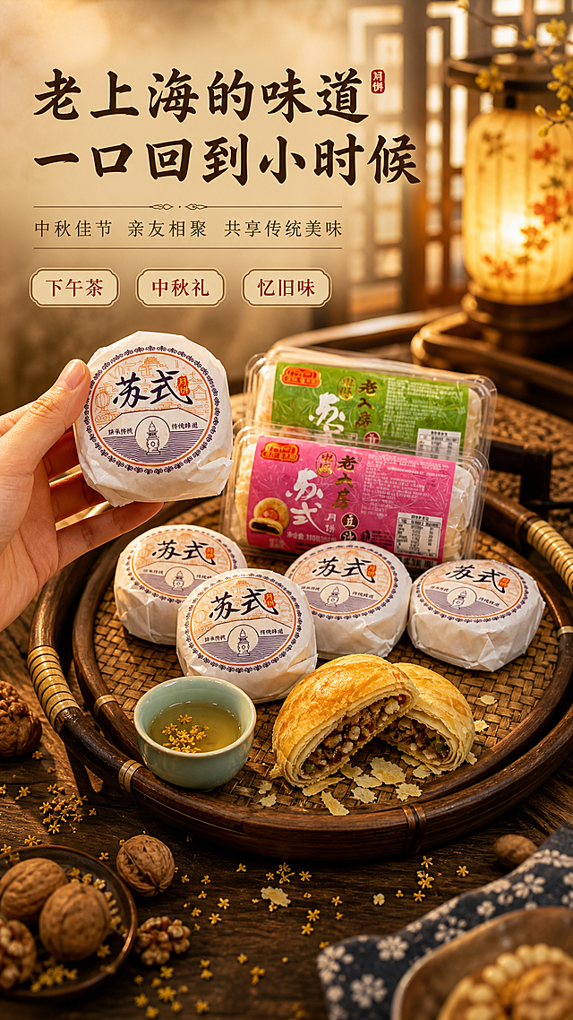 [商品] 使用【图5】手持独立包装月饼、【图7】多口味组合场景图；保留独立包装的苏式月饼字样与传统纹样、透明盒装产品外观、酥皮月饼金黄颜色；修复包装更挺括，月饼酥皮纹理更清晰。
[画面] 目标：老上海下午茶场景种草页。构图：单场景沉浸型，画面为老上海风格中式茶桌场景，竹编托盘上摆放独立包装月饼、切开的酥皮月饼、青瓷桂花茶杯、核桃与桂花点缀，一只手正拿起一块独立包装月饼。主体占画面60%。景别：中景。前中后景：前景散落桂花与酥皮屑，中景茶桌月饼茶具主体，后景虚化中式花窗格与暖黄灯笼光晕。场景：中秋/下午茶/闲暇时光，营造老上海弄堂里的传统味道氛围。
[视觉] 套系策略：风格=老上海民国复古风商业美食摄影；标题字=宋体书法风格粗体（传统中式）；正文字=简洁宋体；主色=暖棕米黄；背景延展=基于暖棕米黄做深浅层级、同色渐变和细腻木纹/宣纸质感；强调色=朱砂红，仅用于小面积印章、标签、引线；标题色=深棕褐；正文色=暖灰棕；组件=圆角米黄底信息卡、细线引线；光影=右侧暖黄侧逆光，营造温馨下午茶氛围。
[文字] 左上主标题"老上海的味道 一口回到小时候"，副标题"中秋佳节 亲友相聚 共享传统美味"，右下3个场景标签「下午茶」「中秋礼」「忆旧味」。文字横排，不遮挡手部动作与月饼主体。
[规格] 图片比例9:16竖版，4K，medium。避免变形、错字、文字过小、冷蓝/冷灰背景、现代感家具、人物脸部入镜、酥皮颜色失真。