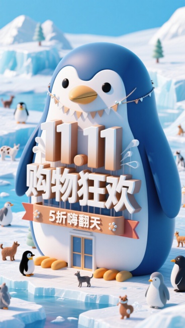 以蓝白为主色调，前景是立体字组成的企鹅形状醒目建筑， 上面挂着“11.11购物狂欢” 立体大字（白与棕渐变，配装饰）及下方 “5 折嗨翻天” 横幅；背景是冰川和小动物们预览效果