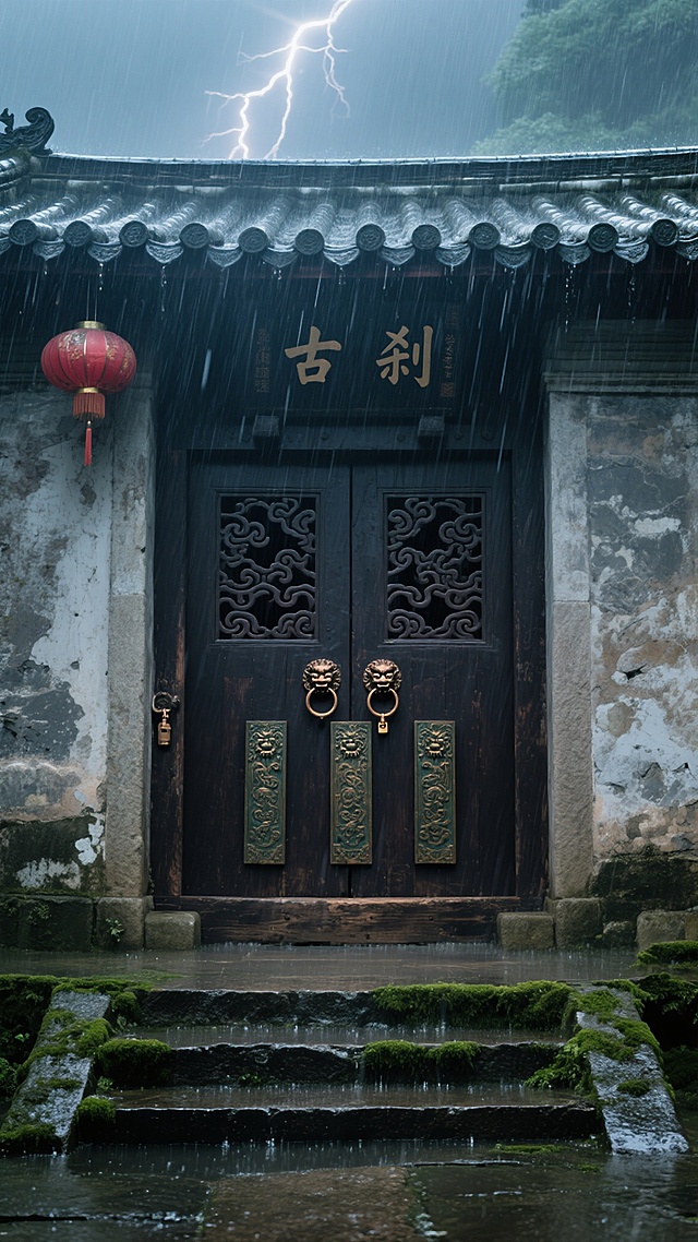 暴雨中的古老寺庙山门，中央是一扇厚重的乌木双开大门，门上有两个对称的云纹镂空雕窗，下方为三块竖长条形青铜兽面纹装饰板，配备铜制环形门环和狮首锁具。门两侧是青灰色斑驳石墙，上方连接黛色瓦片屋檐，顶部悬挂着褪色的朱红宫灯在风雨中摇曳。门前石阶上布满青苔，被雨水冲刷得油亮，门楣上"古刹"二字在闪电中时隐时现，光线在雨幕中形成斜向光轨，整体构图庄重肃穆，空间感深邃神秘。