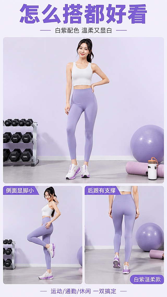 [第7屏] 模特穿搭展示页-白紫款运动跑鞋全身穿搭+侧面背面角度。本屏使用【图1】白紫款跑鞋作为商品主体，上脚于亚洲女模特。
[氛围/风格] 日常穿搭风，清新活力，拼多多接地气风格，商业摄影质感。
[元素布局] 画面采用上大下小布局：上方大图为亚洲年轻女模特全身穿搭展示，穿运动leggings+运动背心，脚上白紫款跑鞋，正面站立姿态，鞋子清晰可见，鞋身颜色结构与输入图白紫款一致；下方左右两张小图，左侧模特侧面抬腿展示鞋型侧面，右侧模特背面展示鞋子后跟；背景为简约室内健身房或浅色墙面场景。
[光影质感] 室内柔光，均匀明亮，模特和鞋子下方自然投影，整体清新干净，紫色鞋子颜色准确。
[配色色系] 全局底色 #F3E8FF（浅紫白）；主色 #8B5CF6（紫色）；辅助色白色、浅粉；点缀色橙色。
[视角构图] 上主图下双副图布局，主图正面全身，副图侧面和背面，阅读动线顶部标题 → 主图穿搭 → 底部双角度细节。
[文字版式] 顶部大标题「怎么搭都好看」，粗黑体紫色；副标题「白紫配色 温柔又显白」，灰色小字；下方左侧小图标注「侧面显脚小」；右侧小图标注「后跟有支撑」；右下角紫色标签「白紫温柔款」；底部小字：「运动/通勤/休闲 一双搞定」；文字清晰。
[比例分辨率] 9:16 竖版比例，4K分辨率，文字清晰可辨，高清画质。
[负向提示词] 鞋身变形，颜色偏差，水印，文字错乱，模特面部畸形，鞋子结构错误。