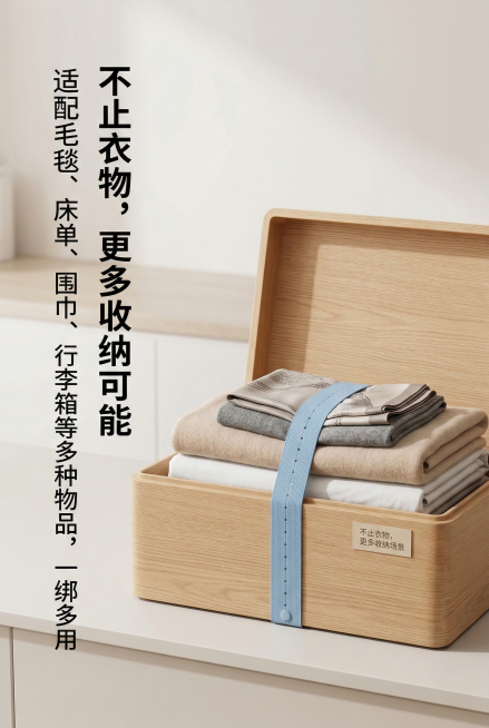 2:3 竖版电商详情图，严格还原上传的产品图，蓝色绑带用于收纳折叠的毛毯、床单和围巾，放置在浅木色收纳箱内，旁边标注 “不止衣物，更多收纳场景”。主标题：“不止衣物，更多收纳可能”（加粗无衬线字体，位预览效果