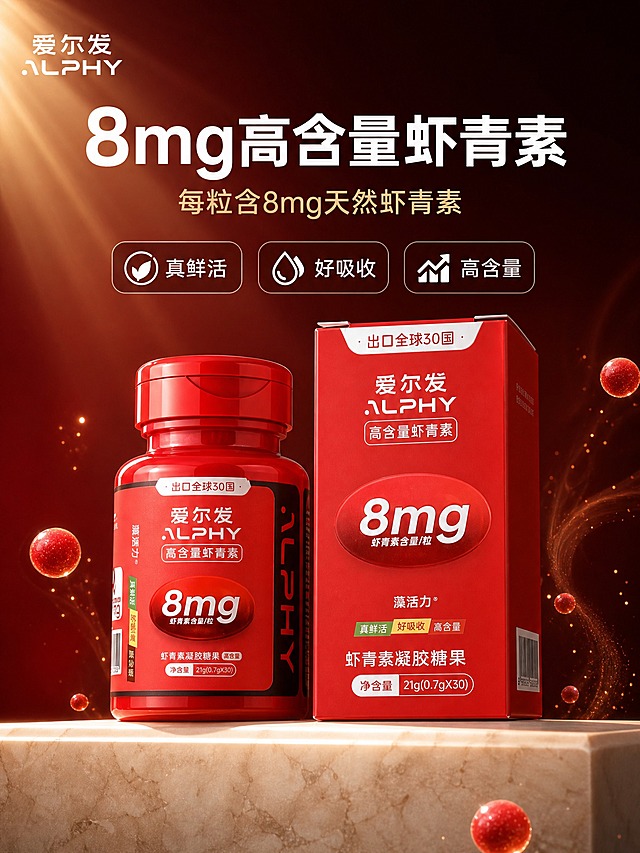 [主图-1] 首图品牌调性，展示爱尔发虾青素凝胶糖果的高端品质感。
[统一基调] 国内电商3:4竖版主图，整体风格专业品质、天然健康，背景主色为深红色渐变搭配暖金色光效，标题字色白色，辅助字色浅金色，强调色为品牌正红色，字体为干净现代非衬线体，字号层级分明，卡片用圆角半透明深色底。
[画面] 画面中央偏下位置摆放爱尔发红色虾青素瓶身与红色包装盒，瓶身和包装盒正面完整展示，瓶身标签上的"8mg"大字清晰可见，产品占画面约65%。产品放置在浅米色大理石质感台面上，底部有柔和的接触阴影。背景为深红色到暗红色的渐变，左上角有柔和的暖金色光束斜射下来，营造高级光影感。画面左上角放置品牌Logo区域，写有"爱尔发 ALPHY"白色文字。产品周围点缀少量漂浮的红色雨生红球藻微小球体和金色光点，暗示天然成分来源。
[光影质感] 商业静物摄影质感，主光从左上方45度照射，瓶身红色塑料呈现光滑反光质感，标签文字清晰锐利，产品边缘干净利落，底部有自然柔和的投影。
[配色] 主色深红色 + 品牌红 + 暖金色点缀 + 白色文字，整体色调统一高级，突出红色产品的视觉冲击力。
[文字版式] 画面上方大标题白色粗体字"8mg高含量虾青素"，下方小字浅金色"每粒含8mg天然虾青素"，再下方三个圆角小图标横向排列，分别写"真鲜活""好吸收""高含量"，图标底色半透明深红，文字白色。所有文字放在画面上半部分负空间，不遮挡产品主体。
[输出要求] 比例3:4竖版，文字清晰可读，产品清晰完整，无变形无错字，画面干净高级，无水印无平台Logo，禁止出现极限词和医疗功效宣称。