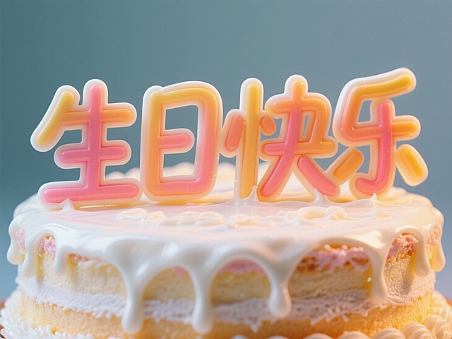 一个用奶油做成的“生日快乐”大字，在一个华丽漂亮的大蛋糕上，微微融化