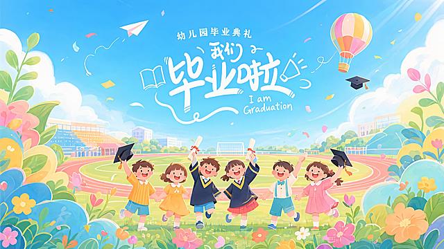 参考参考图风格，重新生成幼儿园毕业典礼我们毕业啦的海报，保留文字“幼儿园毕业典礼 我们毕业啦 I am Graduation”，保留校园操场风景，马卡龙彩色插画风格，清新明快色调，保留热气球、纸飞机、学士帽等装饰元素，四周保留花草装饰边框
