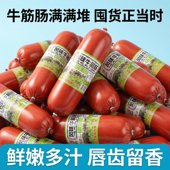 我的产品是牛筋肠，帮我做10张主图产品堆积起来突出产品多预览效果