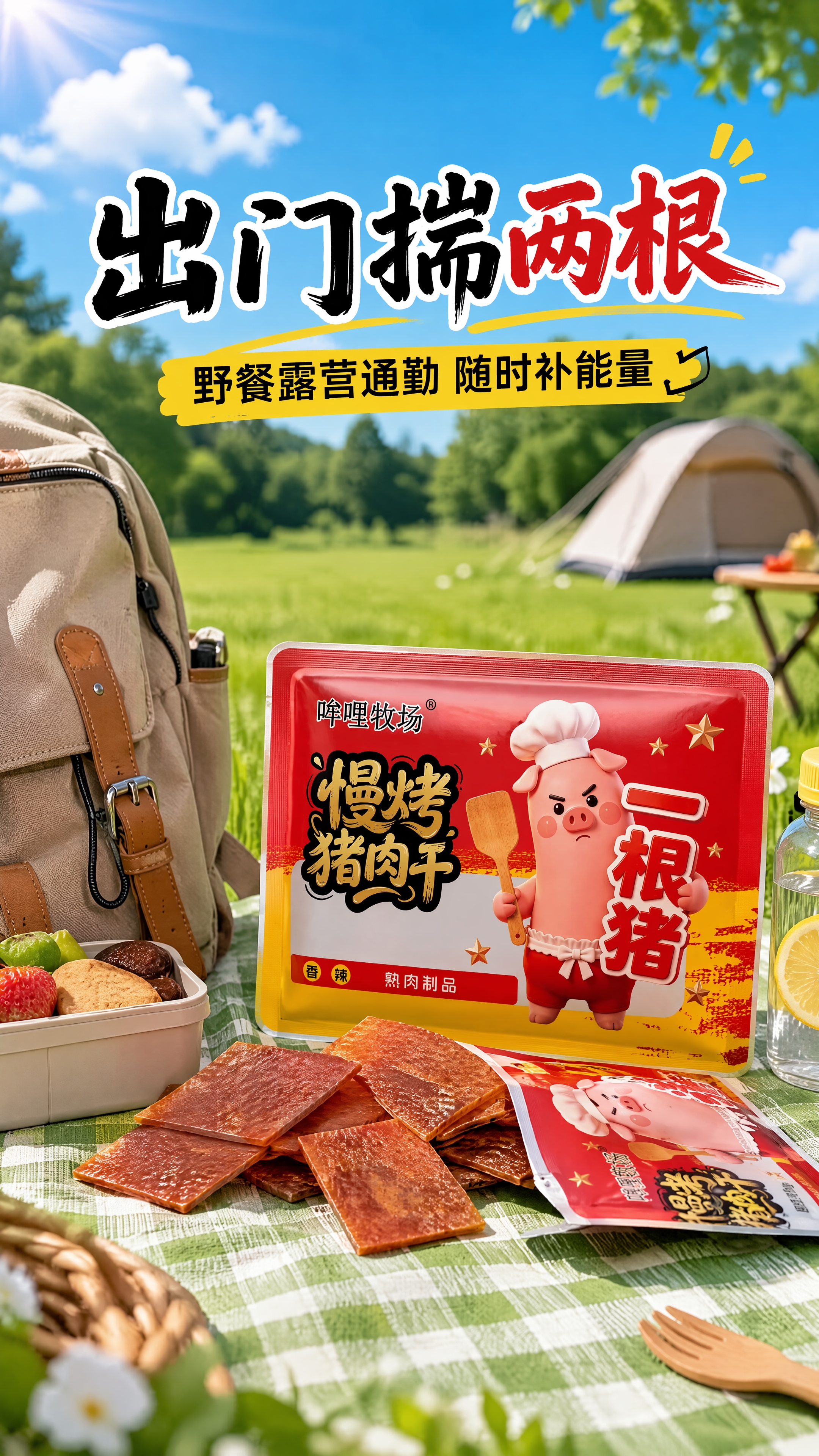 拼多多场景图，户外草地野餐场景阳光明媚。绿色野餐垫上放着背包、… - 图片创意预览
