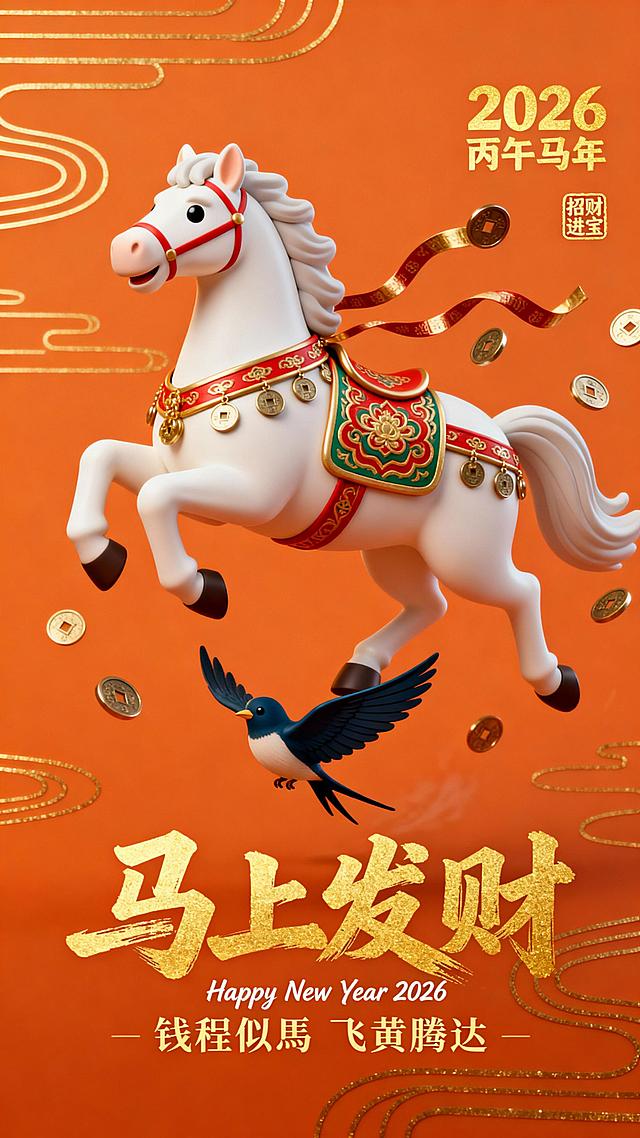 纯3D萌趣风格，国潮风，橙色背景，烫金线条与装饰纹样。 悬空的马的：昂首奔腾的白色骏马身披红金绿传统纹样鞍具（身上装饰铜钱，铜钱串翻飞），马脚踏一只展翅的深蓝色悬空小燕子。底部横排主标题为「马上发财」（烫金加粗书法字体毛笔笔触），下方副标题为「钱程似馬  飞黄腾达」（浅金细体书法字），字上叠印一行细白色手写装饰花体英文「Happy New Year 2026」；右上角为「2026 丙午马年」（烫金艺术字），旁点缀一个印章「招财进宝」（迷你烫金字体）。
