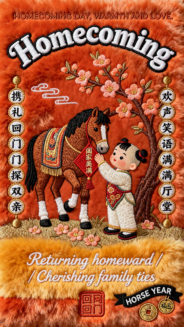 毛绒布上刺绣的2026马年初二海报