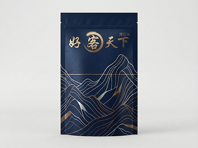 LOGO见附图。
正面提示词：
masterpiece, best quality, ultra-detailed, 8K, professional packaging design flat lay,
A luxurious betel nut packaging bag made of metallic foil,
Design Concept: "Fragmented Mountain Pattern" in ancient Chinese "Gold-Inlaid" style, representing an abstract Boshan incense burner.
Front view: Vertical composition. Deep royal purple background. A group of elegant, fragmented, geometric mountain lines erupt from the bottom, flowing upward and stopping at the golden ratio line. The lines are in antiqued bronze gold, with a slight metallic sheen, appearing as if inlaid into the surface. Negative space at the top.
Text "好客天下" in a classic Song typeface, embossed in muted gold at the top.
Overall style: Classical, luxurious, imperial, minimalist yet intricate, Guofeng.
Mint flavor variant: Change background to deep navy blue, mountain lines in silver and bronze, with subtle ice crack textures in the void.
Clean, high-end, sophisticated.

负面提示词：
worst quality, low quality, blurry, messy, cartoonish, plastic look, overly bright colors, symmetric design, realistic photo, photorealistic, 3D render, cluttered elements, red, yellow, modern minimalist, flat colors, no texture, childish