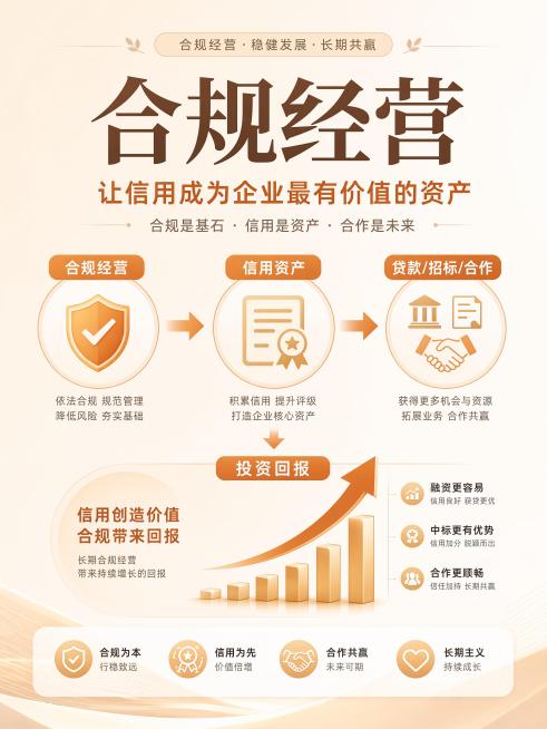 小红书合规经营主题封面，3:4竖版，简约商务温暖风，浅米色背景，中央设计"合规经营→信用资产→贷款/招标/合作"箭头流程图，标注"投资回报"图形，暖色调，传递专业可信赖感，版式精美清晰预览效果