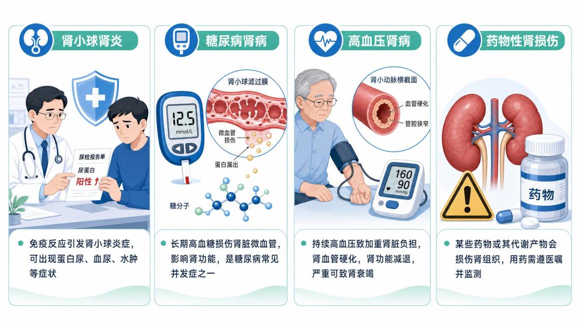 横向图片，医疗扁平化矢量插画，蓝白浅绿主色调，干净简约，医院宣传栏标准版式，白底背景，字体清晰易读，标点符号使用正确，图片顶部不显示其他文字，画面布局分横向四个等宽板块，每个板块配有不重复的相应的医疗预览效果