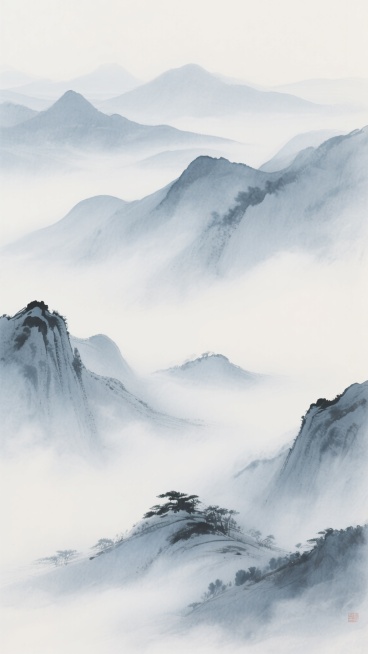 中国传统水墨风格山水画卷，以淡墨渲染出层叠起伏的远山轮廓，笔触空灵写意，呈现出“远近高低各不同”的层次感。山间弥漫着轻盈的云雾，如轻纱般缭绕于峰峦之间，水墨的晕染效果使云雾与山体自然交融，营造出朦胧幽静、意境悠远的氛围。整体色调以淡雅的灰蓝色为主，留白巧妙，凸显山水风光的空灵与深邃，纹理中蕴含传统山水的写意意象，画面简洁而富有东方禅意。预览效果