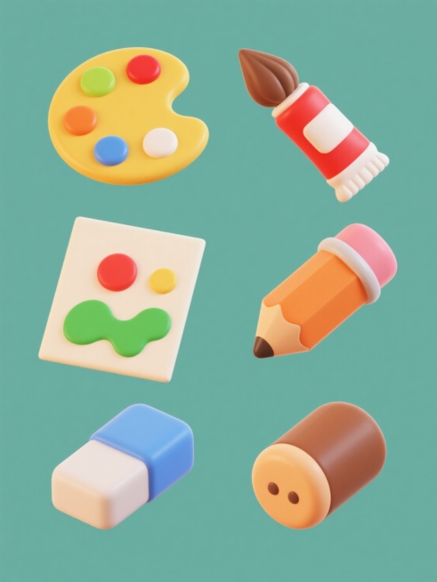 6个不同造型的3D立体绘画工具图标，包括调色盘、画笔、颜料管、画纸、铅笔、橡皮，每个图标保持圆润光滑的造型、鲜艳明快的色彩（黄色、红色、绿色、蓝色、橙色、棕色等）、柔和均匀的光影效果和简约可爱的卡通风格，以纯色背景规整排布成系列素材集合，整体视觉层级清晰、信息传达高效，符合儿童或艺术初学者的审美和学习工具宣传目的。预览效果