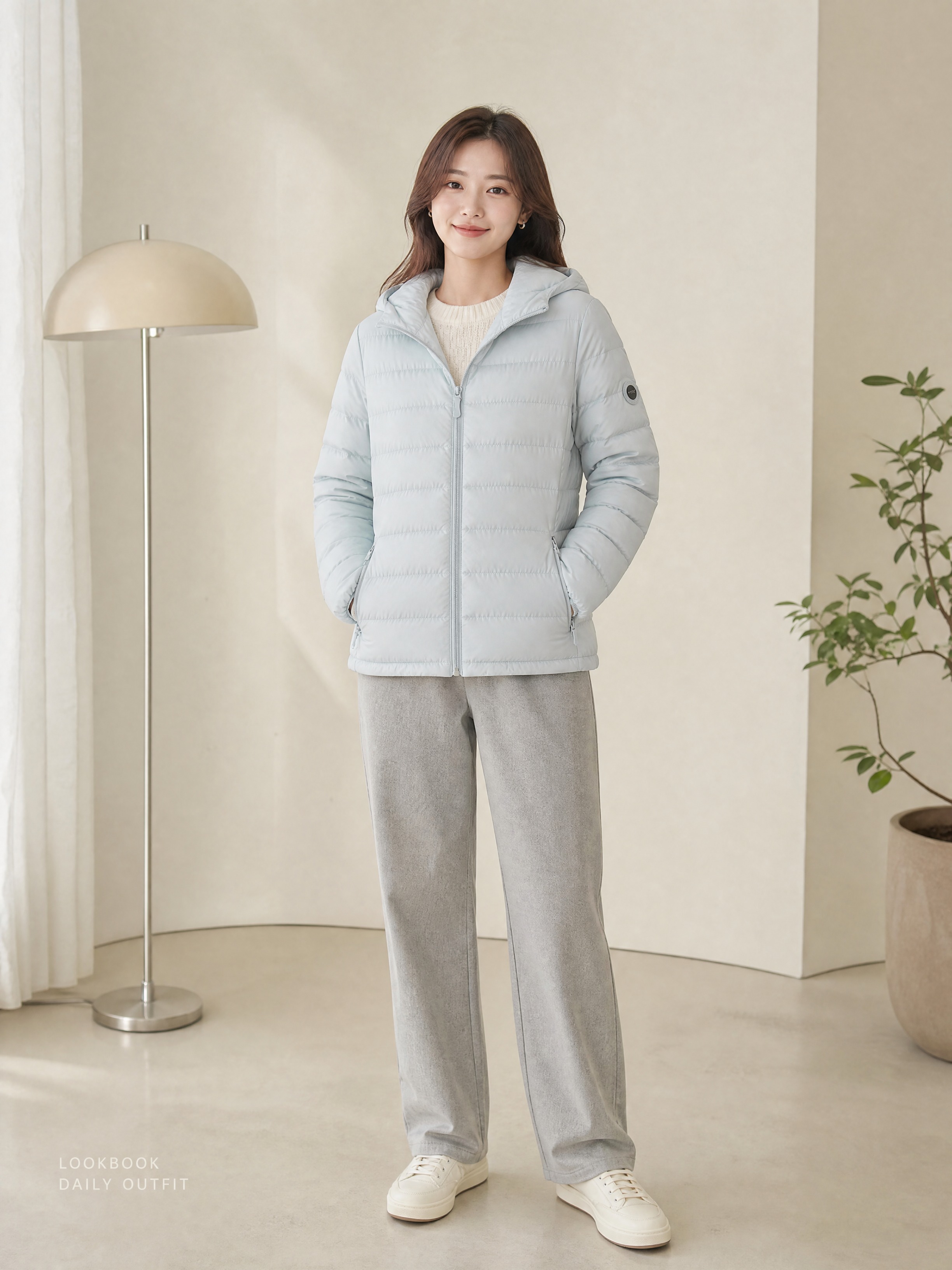[商品] 使用【图1】浅蓝连帽轻薄羽绒服；商品处理：保留连帽、… - 图片创意预览