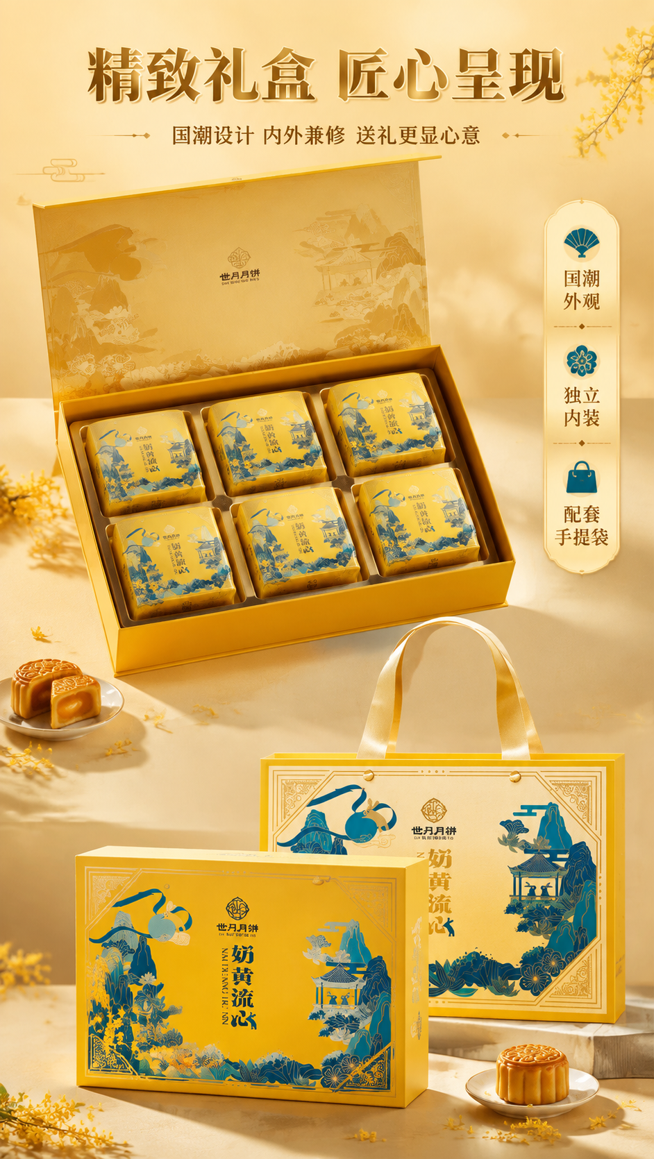 [商品] 使用【图1】世丹月饼奶黄流心礼盒及手提袋；保留礼盒黄… - 图片创意预览
