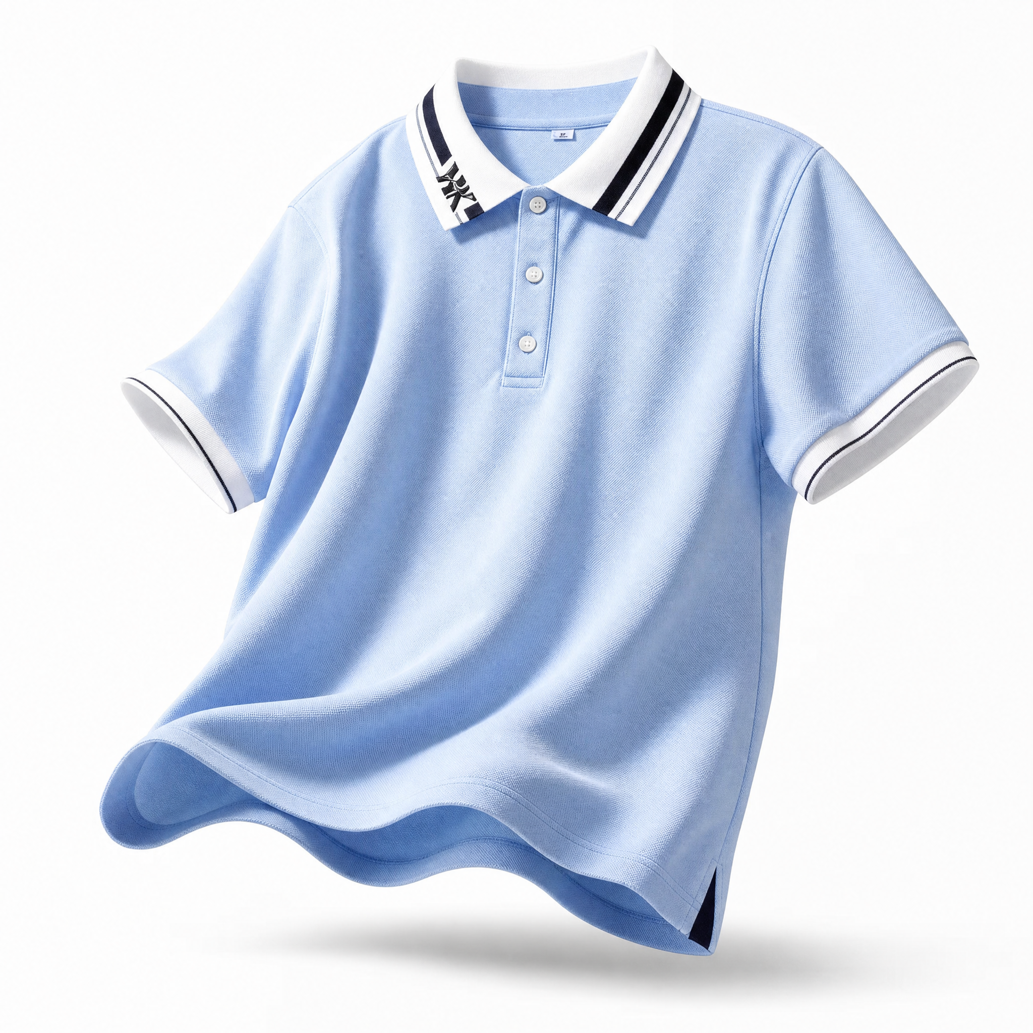 将这件浅蓝色短袖Polo衫校服转换为参考图中的立体悬浮动态风格… - 图片创意预览