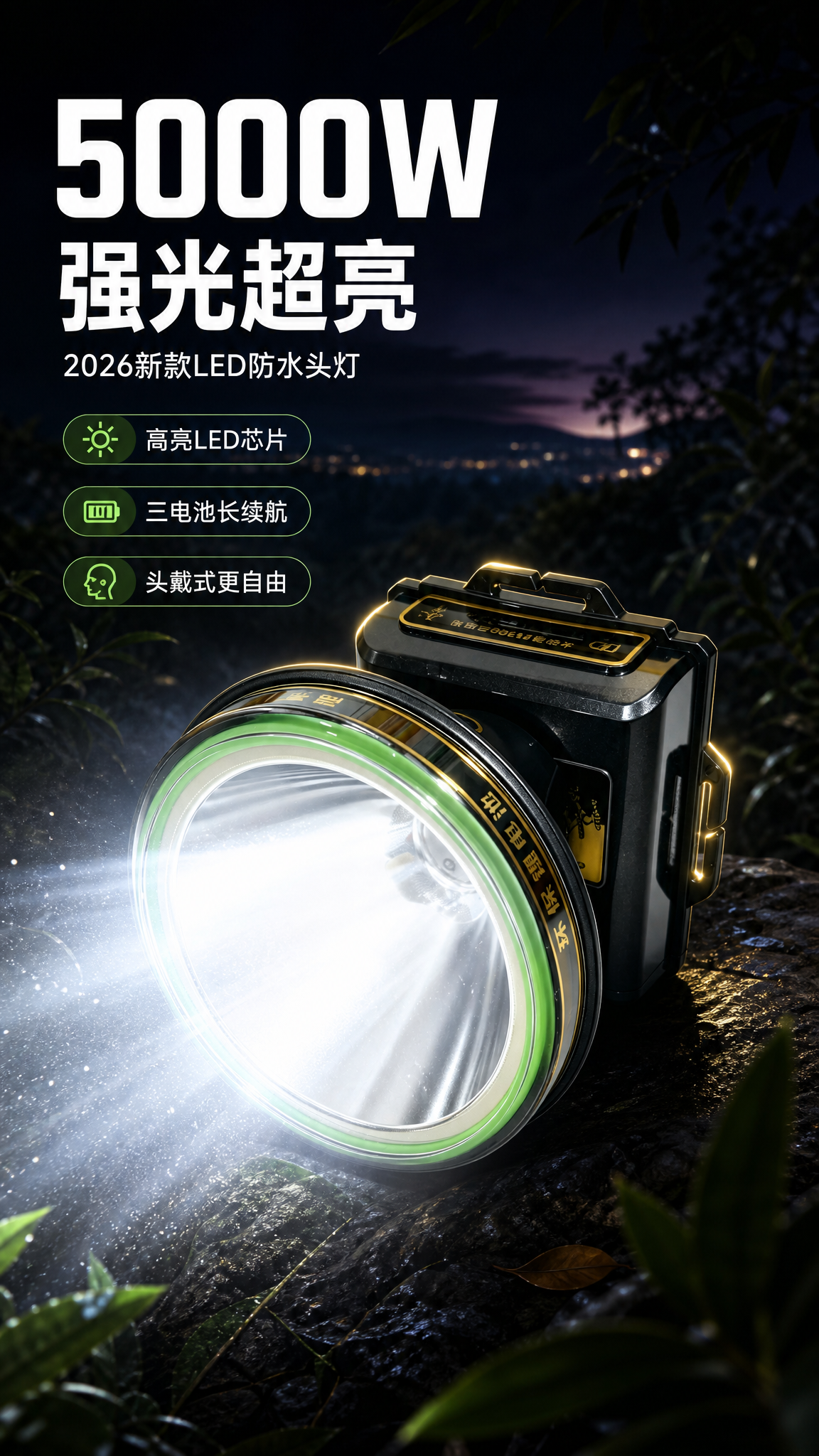 [商品] 使用【图1】LED防水头灯；保留黑色主体、绿色灯圈、… - 图片创意预览