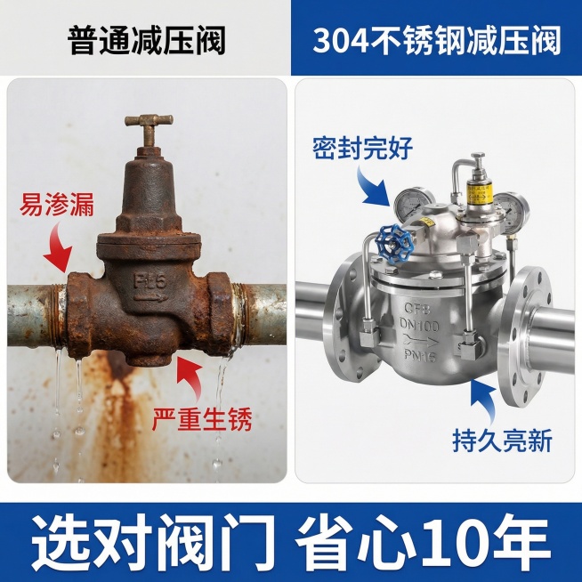 淘宝安装对比图，左侧展示普通减压阀安装后渗漏、生锈的问题，右侧展示这款304不锈钢减压阀安装后密封完好、光亮如新的状态，用清晰的箭头和文字标注对比点，底部添加“选对阀门 省心10年”的引导文案，视觉平预览效果