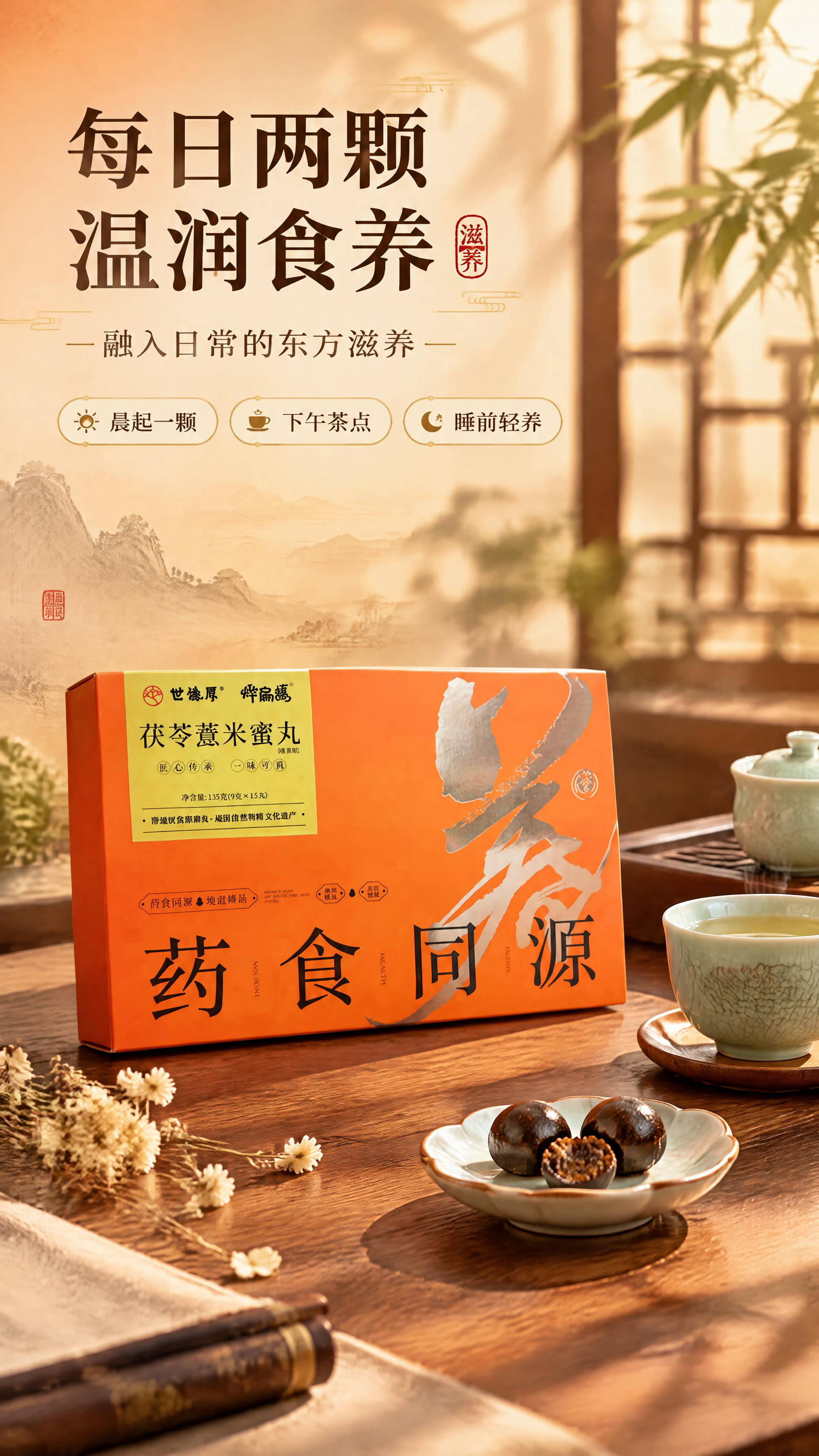 [商品] 使用【图1】茯苓薏米蜜丸礼盒，礼盒置于中式茶桌场景中… - 图片创意预览