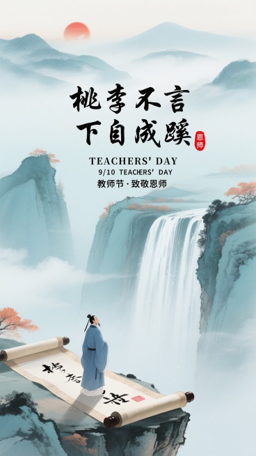 成一张比例9:16的教师节主题海报，融合中国古风意境；画面以淡青色为底，呈现山水瀑布、云雾缭绕的自然景致，营造空灵雅致氛围；局部点缀赭石、花青；上中下层次构图，上部远山云雾与红日，上部文字区域（主标题预览效果