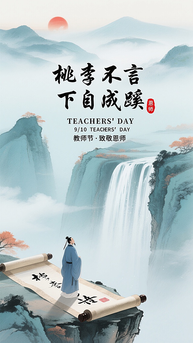 水墨插画风，古典中式山水背景，文人立卷前，教师节文艺致敬。