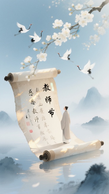 新中式国风插画，竖版构图；主体为多卷展开的古朴书法卷轴（布满细腻的感恩教师主题汉字），卷轴上立着一位身着素色衣袍、姿态谦和的人物；上方有开满温润白色花瓣的树枝（花瓣带微光），几只轻盈飞翔的白鹤；背景是预览效果