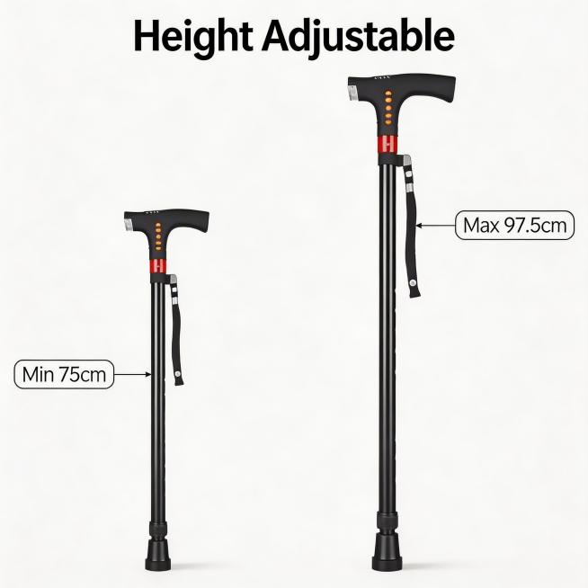 基于原图的老年拐杖，生成亚马逊主图套图，展示卖点Height Adjustable。图中包含一高一矮两根拐杖，高的拐杖标注"Max 97.5cm"，矮的拐杖标注"Min 75cm"，所有文字为英文，简预览效果