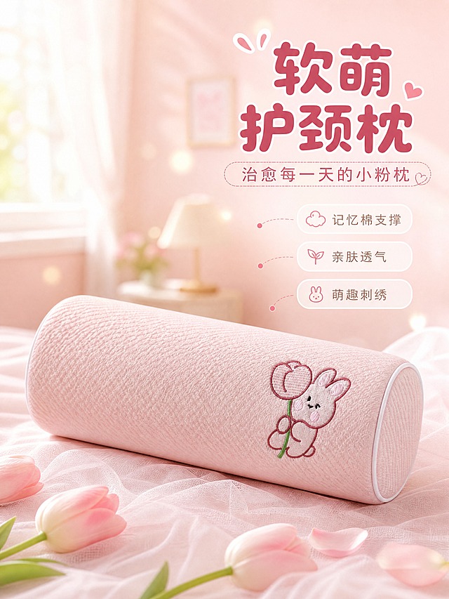 [商品] 使用【图2】【图3】粉色圆柱护颈枕（小兔抱郁金香刺绣款）；商品处理：保留圆柱造型、粉色华夫格面料、白色包边、小兔抱郁金香刺绣图案及颜色；自然理顺面料纹理，增强刺绣立体感和面料肌理质感，不改变产品结构和颜色。
[画面] 目标：萌系氛围头图，第一眼抓住少女心。构图：居中偏左放置圆柱枕，枕身呈45度角斜放，产品占画面65%；右侧留白放文案。前景点缀几朵粉色郁金香花瓣和柔纱，中景是枕头主体，背景是虚化的温馨卧室（浅粉色墙面、白色纱帘、柔和光斑），营造治愈系卧室清晨氛围。
[视觉] 套系策略：风格=软萌治愈系商业摄影；标题字=圆润粗黑体（圆角无衬线）；正文字=可爱圆体；主色=马卡龙樱花粉；背景延展=基于樱花粉做深浅渐变、同色系柔焦和细腻织物/纱幔质感；强调色=草莓粉，仅用于小面积图标、引线和标签；标题色=深莓粉；正文色=暖粉灰；组件=圆角白底信息卡、虚线引线、圆点装饰；光影=左前侧柔暖漫射光，整体明亮通透。
[文字] 右上区域主标题「软萌护颈枕」，副标题「治愈每一天的小粉枕」，下方3个小卖点：记忆棉支撑 / 亲肤透气 / 萌趣刺绣；文字不遮挡枕头刺绣图案。
[规格] 图片比例3:4竖版，4K分辨率，负向提示：避免变形、错字、文字过小、冷蓝背景、产品颜色变深、刺绣图案失真、工业感硬边。