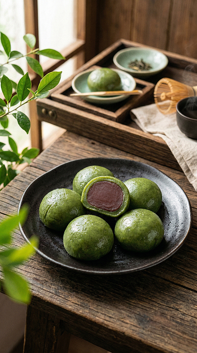 新中式国风食品摄影，暖调自然光，真实照片，8K 高清，细腻质感，非动漫非插画，适合电商主图。5 颗圆润饱满的青团，青绿色糯米外皮水润有光泽，质感软糯 Q 弹，表面带着自然的手工褶皱；其中一颗被整齐对半切开，露出内部绵密软糯的纯深红豆沙馅，不要有任何红豆颗粒，馅料与外皮贴合紧密。青团盛放在一只哑光黑色圆形瓷盘中，瓷盘边缘微微上翘，质感古朴厚重。背景是做旧深棕色木质桌面，木纹清晰可见，带着自然的岁月痕迹；画面左上角保留绿色枝条装饰，左侧前景保留虚化的鲜绿色植物叶片，增加层次感。侧方暖调自然光透过窗棂洒下，形成柔和的明暗光影与木质纹理，营造温暖治愈的中式下午茶氛围；光线柔和不刺眼，突出青团的水润光泽与豆沙馅的绵密质感。色调：暖棕 + 青绿 + 深红的复古配色，整体温润雅致，充满中式烟火气与高级感。