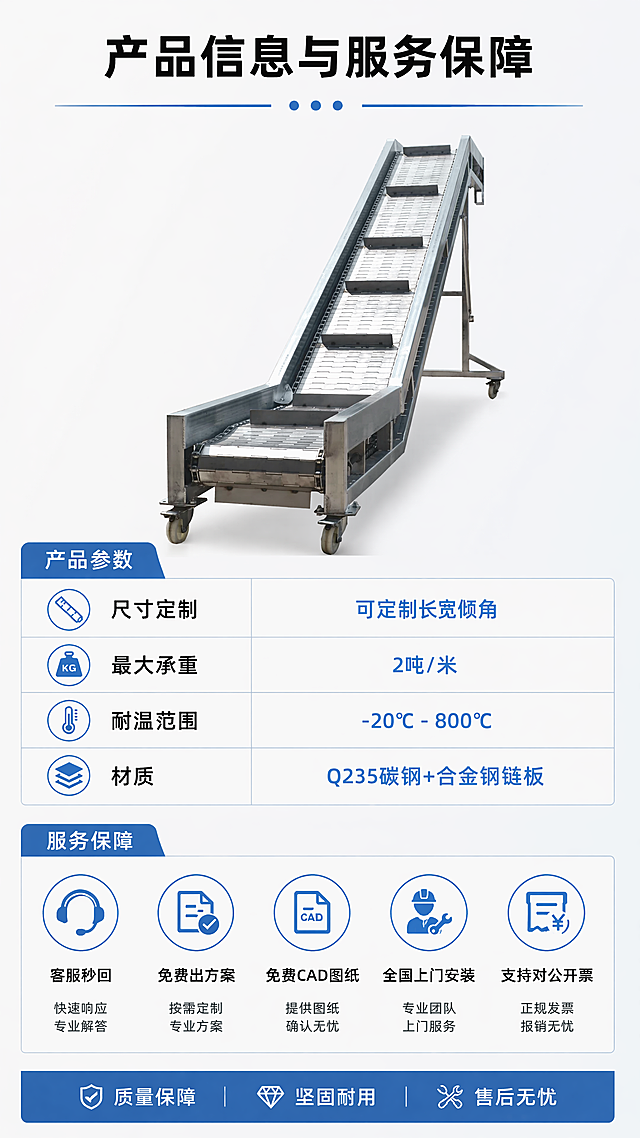 使用商品详情页技能根据商品图「图片1」生成详情页，参考图为，商品名称为链板输送机，卖点为重型钢制链板输送机 工业重载耐高温矿石铸件爬坡流水线 定制板式链板传送机 🔥淘宝首屏海报文案｜手机端全屏适配 源头工厂直营｜现货速发｜免费非标定制 2吨/米超大承重｜全加厚钢制机身｜800℃耐高温｜抗砸耐腐蚀｜24小时不间断运行 矿山｜冶金｜汽配｜石材｜铸造厂专用 ✅ 告别变形、断链、停机返修难题 客服秒回｜免费出方案｜免费CAD图纸｜全国上门安装｜对公开票  💥 买家痛点直击｜为啥换掉老式输送机？ 市面劣质设备 糟心通病 ▪ 薄铁皮机架，重载重物一压就弯 ▪ 橡胶皮带不耐高温、矿石直接划破 ▪ 普通链条易拉伸、频繁断链停工 ▪ 尺寸固定，车间产线无法匹配 ▪ 维保耗材多，一年维修费超千元 	本厂重型链板机 一站式解决 ▪ 加厚碳钢整机，重压冲击不变形 ▪ 全钢制结构，耐高温耐尖锐物料 ▪ 淬火双排链条，耐用抗断不跑偏 ▪ 长宽倾角爬坡，全尺寸免费定制 ▪ 无皮带耗材，年均维保成本直降60%   ⭐ 6大核心卖点｜工厂采购闭眼入 降本增效 ✅ 卖点1：加厚全钢机身 2吨超大承重 国标Q235加厚方钢机架+加强筋满焊工艺，消除应力不下塌；12-25mm NM360耐磨合金钢链板，一体激光切割无拼接。可直接投放钢锭、铸件、原石、石材托盘，落体重物猛砸不开裂、不变形，吊打市面轻型薄板输送机。 ✅ 卖点2：淬火重载链条 故障率暴跌90% 工业加粗双排滚子链条，渗碳淬火调质处理，抗拉伸、抗疲劳、抗冲击；搭配变频纯铜电机+自动弹簧张紧机构，长期运行不松弛、不脱轨、不卡料，粉尘、铁屑、矿渣恶劣工况适配，支持24h流水线连续作业。 ✅ 卖点3：极端耐温耐腐蚀 全天候耐用 整机无橡胶、塑胶易损配件，物料接触面全金属打造；耐受-20℃低温~800℃高温，高温钢渣、热工件直接输送无老化；喷砂防锈+高温烤漆双层防护，耐酸碱、耐矿浆腐蚀，室内外车间均可常年使用。，适配平台为淘宝/天猫，图片比例为9:16，需求屏数为8张，