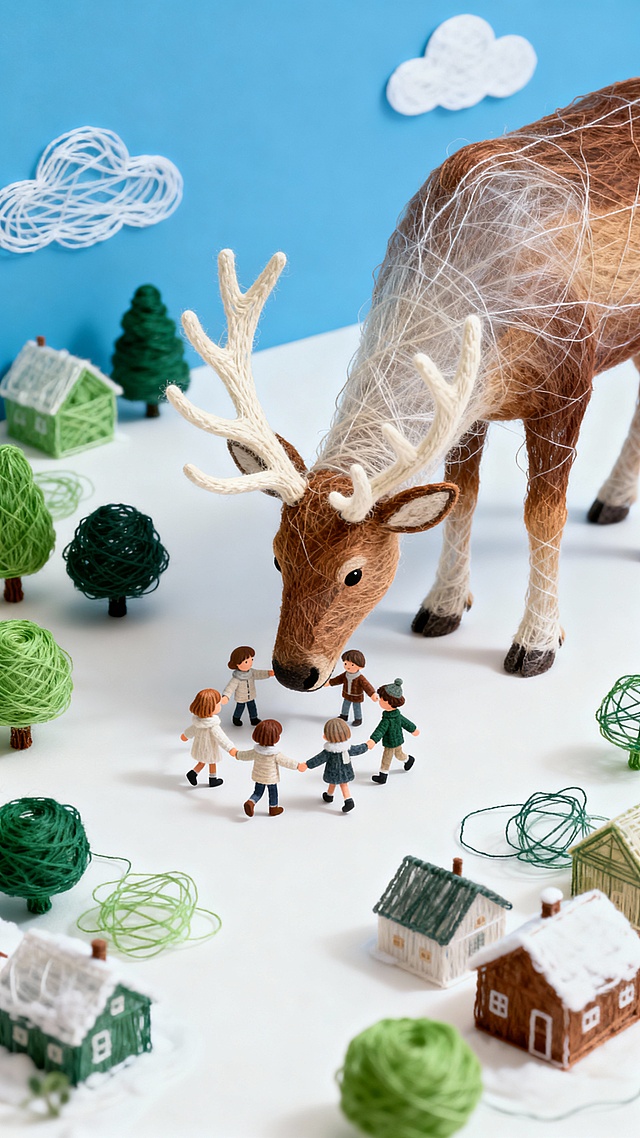 一只巨大的麋鹿低头看着小孩，穿着冬装的小孩们围着麋鹿手拉手玩耍，地上有绿树和村庄，蓝天背景，俯视构图，动感，画面具有故事感，孟菲斯配色