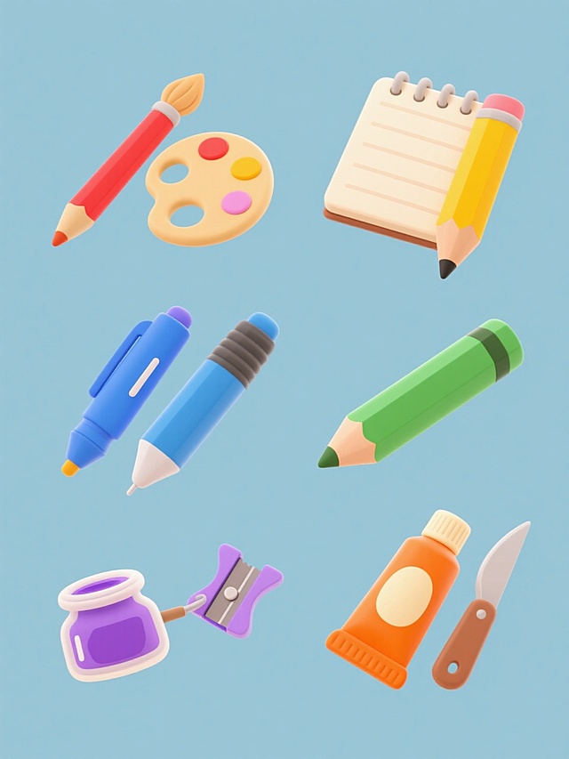 一套6个完全不同的绘画工具元素的系列素材集合，每个元素均采用与原图一致的卡通插画风格，色彩明快鲜艳，线条圆润流畅，具有相同的光影表现和简洁质感。元素包括：红杆画笔与调色盘、黄色铅笔与素描本、蓝色马克笔与绘图笔、绿色蜡笔与卷笔刀、紫色水彩颜料与画笔、橙色颜料管与调色刀，全部规整排布在纯色背景上，保持统一的视觉语言和设计感。