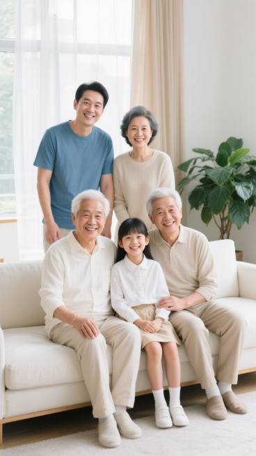 一个三代同堂的幸福家庭在温馨明亮的客厅沙发上的合影，写实风格，自然光从大窗户透过轻薄的米色窗帘洒入，光线柔和，营造出温暖舒适的居家氛围。前排沙发上坐着两位头发花白、面带慈祥笑容的老人，他们穿着米白色和浅卡其色的休闲服装，中间依偎着一个穿着白色衬衫和浅色短裙的小女孩，笑容灿烂。后排站着一对中年夫妇，男士穿着蓝色短袖上衣，女士穿着浅色针织衫，两人同样面带幸福的微笑，与前排家人亲密依偎。整体色调以米……预览效果