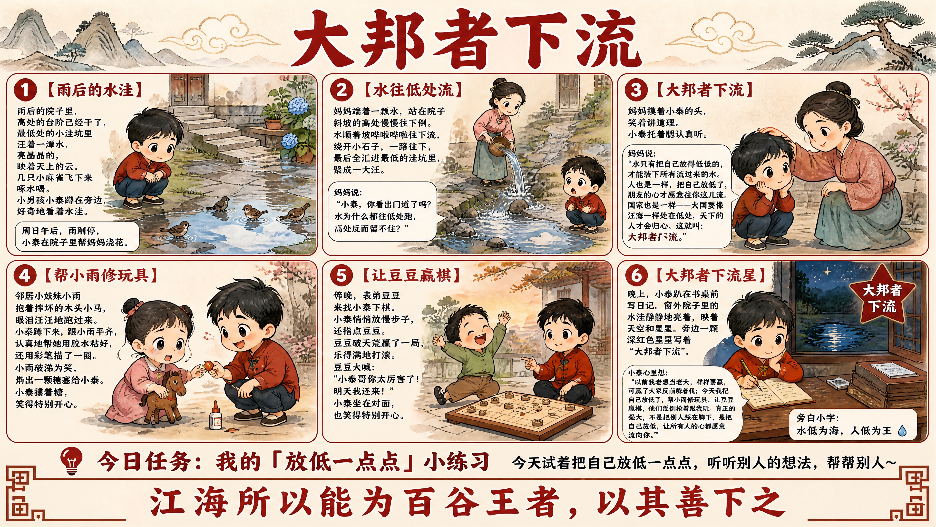 横版16:9六格儿童成长漫画海报，Q版国风水彩风格，4K超高清… - 图片创意预览