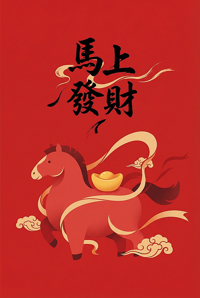 国潮风插画，红底金云衬托卡通马驮金元宝，融合剪纸与轻拟物手法，水墨笔触书写“马上发财”，喜庆中式年味跃然纸上。