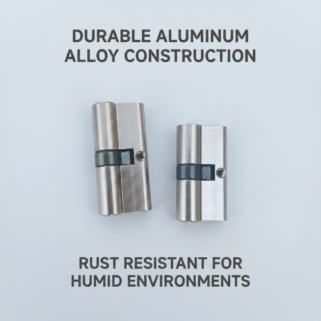 锁芯产品图，卖点为Durable Aluminum Alloy Construction, Rust Resistant for Humid Environments，简约浅灰色背景，展示锁芯产品，英预览效果