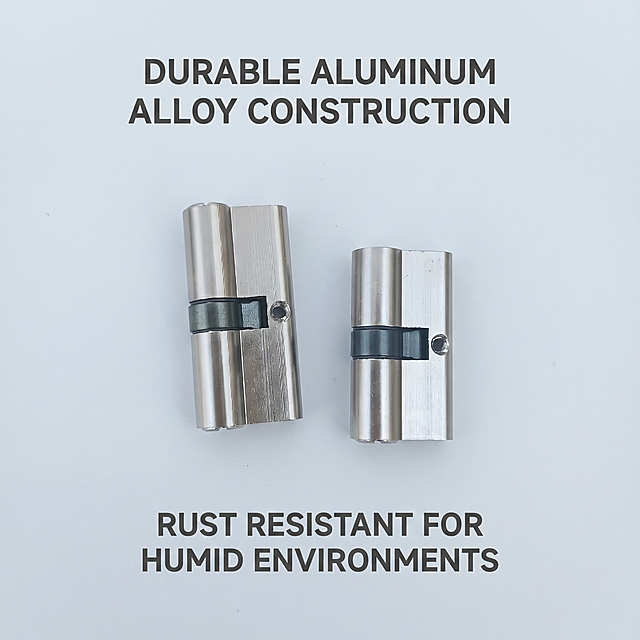 锁芯产品图，卖点为Durable Aluminum Alloy Construction, Rust Resistant for Humid Environments，简约浅灰色背景，展示锁芯产品，英文文案，1:1比例，风格简约