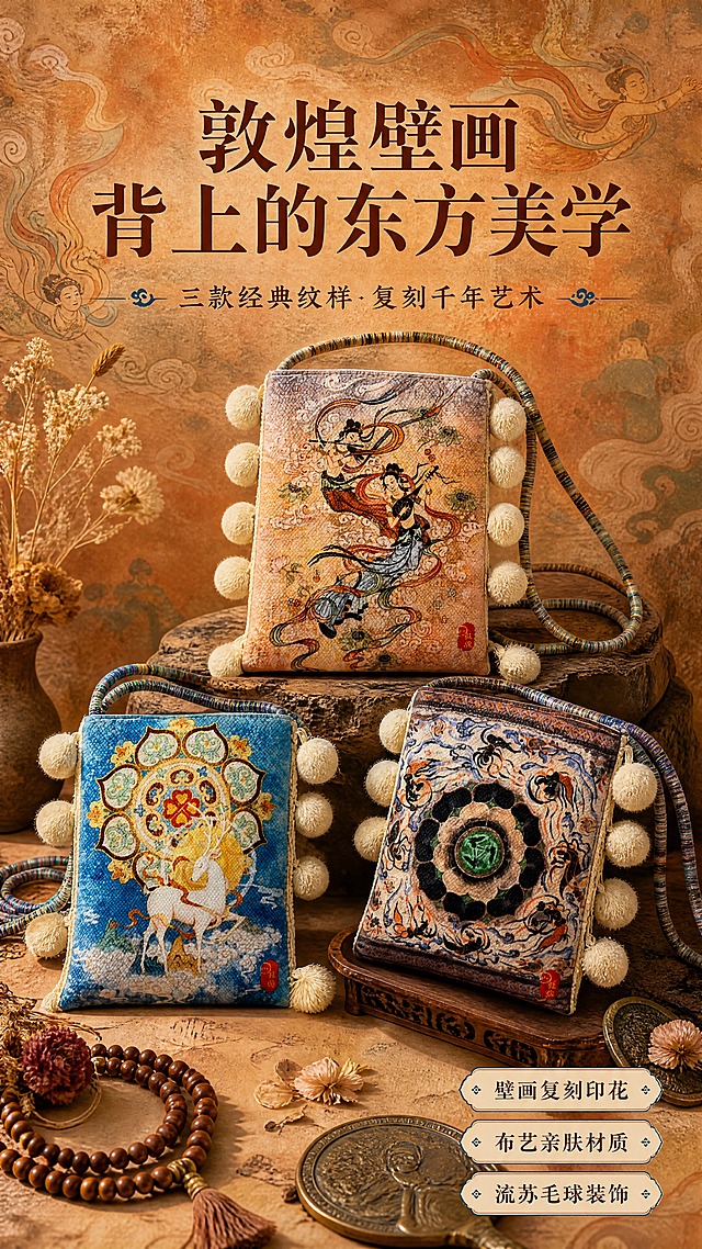 [商品] 使用【图1】飞天乐伎款、【图2】九色鹿款、【图3】藻井纹样款三款敦煌布艺斜挎包；保留方形包型、双侧毛球流苏、可调节彩条肩带、各款印花图案与红色印章Logo，不改变包的结构、颜色和材质；商品处理：自然理顺包型轮廓，增强布艺纹理质感、毛球蓬松感和肩带织物质感，去除拍摄杂光。
[画面] 页面目标：敦煌国风风格头图海报，建立东方美学第一印象。构图：竖版9:16，三款包呈错落三角布局陈列于画面中下部，占画面约55%；背景为敦煌壁画风格的暖橘色石窟肌理，叠加祥云、飞天飘带剪影与斑驳岩彩质感；前景散落干花、木质佛珠、古铜色小铜镜等国风道具，营造沉浸式敦煌人文氛围。阅读动线：从上至下，顶部大标题，中部产品主体，底部副标题与卖点标签。
[视觉] 套系策略：风格=敦煌国风新中式商业摄影，复古壁画质感；标题字=宋体衬线粗体，带轻微岩彩肌理；正文字=简洁黑体；主色=敦煌暖橘赭石色；背景延展=基于暖橘赭石做深浅层级、岩彩肌理、石窟墙面质感渐变；强调色=石青蓝，仅用于小面积图标、引线和装饰标签；标题色=深赭石色；正文色=暖棕褐色；组件=圆角米黄宣纸质感信息卡、细线引线、祥云纹样装饰；光影=左前侧暖柔光，模拟石窟自然光，包身有柔和投影。
[文字] 顶部居中主标题「敦煌壁画 背上的东方美学」，主标题下方小字副标题「三款经典纹样 复刻千年艺术」；画面右下角竖排3个短卖点标签：「壁画复刻印花」「布艺亲肤材质」「流苏毛球装饰」；文字不遮挡包身主体图案，所有文字横向排版，字号保证手机端清晰可读。
[规格] 图片比例9:16竖版，4K，避免变形、错字、文字过小、冷蓝灰主色调、包型失真、印花图案错乱、毛球缺失。