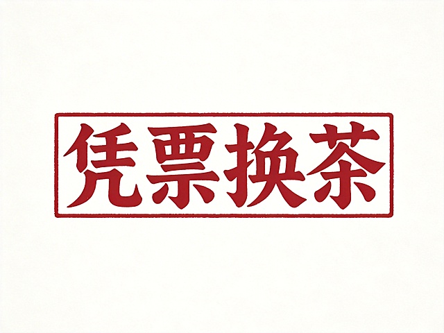 干净的纯白色背景。平面艺术字体设计，四个字"凭票换茶"，所有文字单行横向排列，隶书字体（笔画浑厚古朴，结构方正大气，起收顿挫有质感），不拆分不做田字格排列，外围细线条简洁方形印章边框线，红色字体阳刻风格，传统篆刻印章印泥质感，印章居中占画面约40%面积，四周大量留白，白底红字，文字结构清晰可识别。比例 4:3