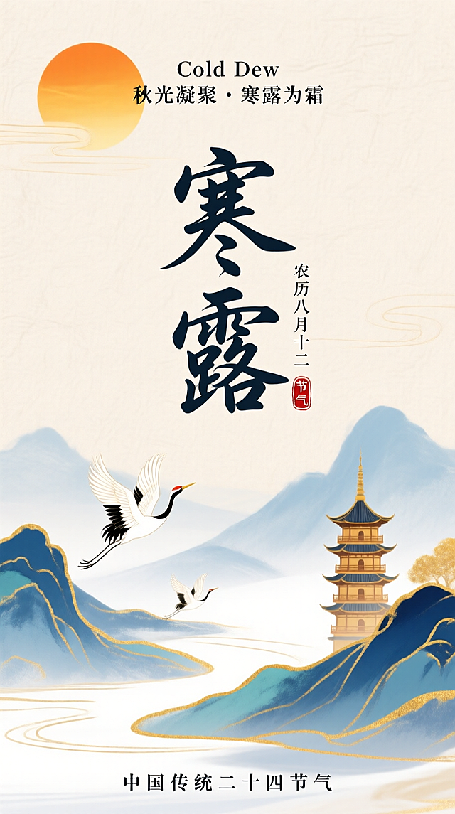 新中式水墨风，浅米色纹理背景。上方有橙黄太阳，搭配小字 “Cold Dew 秋光凝聚・寒露为霜” 文字；中间是艺术字标题“寒露” ，旁标小字 “农历八月十二” 与 “节气” 印章；下方是水墨山水（蓝、青色调，带金色描边），有仙鹤飞翔、中式宝塔点缀；底部标注 “中国传统二十四节气”，色彩清雅（蓝、白、金、橙为主）