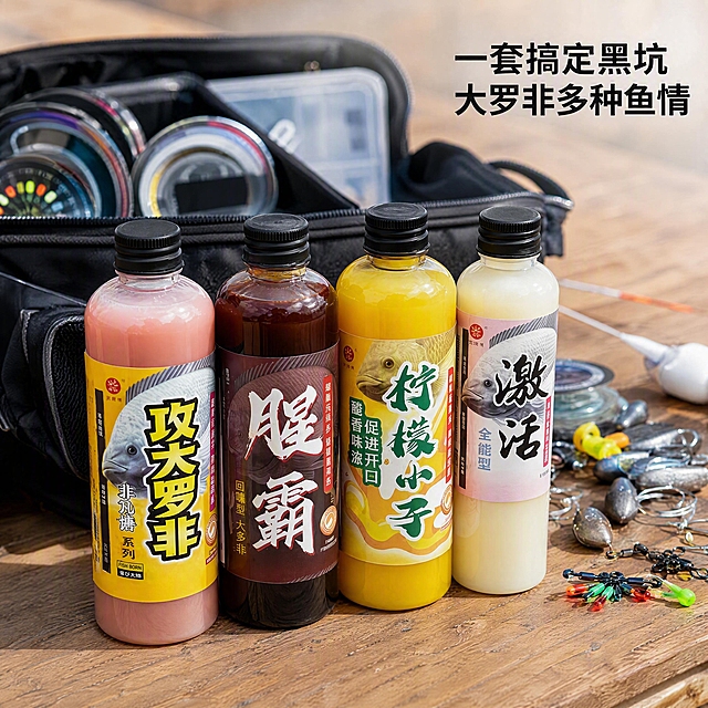 侧角度拍摄，四瓶罗非小药整齐排列在前景，从左到右攻大罗非、腥霸、柠檬小子、激活，背景是打开的渔具收纳包，包里有鱼线、鱼钩、太空豆、铅皮等渔具配件散落出来，真实钓友装备场景，收纳包放在木质桌面上。画面右上角文字："一套搞定黑坑大罗非多种鱼情"，简约黑体，无底色，不遮挡瓶身。侧45度视角，有前后景层次感，背景适度虚化突出产品。真实写实摄影风格，8K高清。产品瓶身外观、颜色、标签与参考图完全一致。