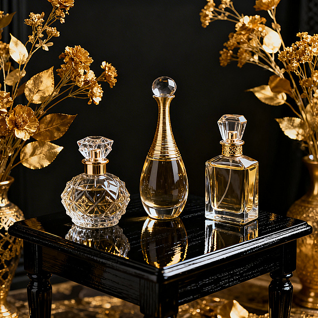电商主图，3个造型各异的玻璃香水瓶摆放在黑色烤漆木桌上，搭配金色干花装饰，奢华黑金光影，东方调奢华风格，画面无文字，突出香水瓶，正方形构图。