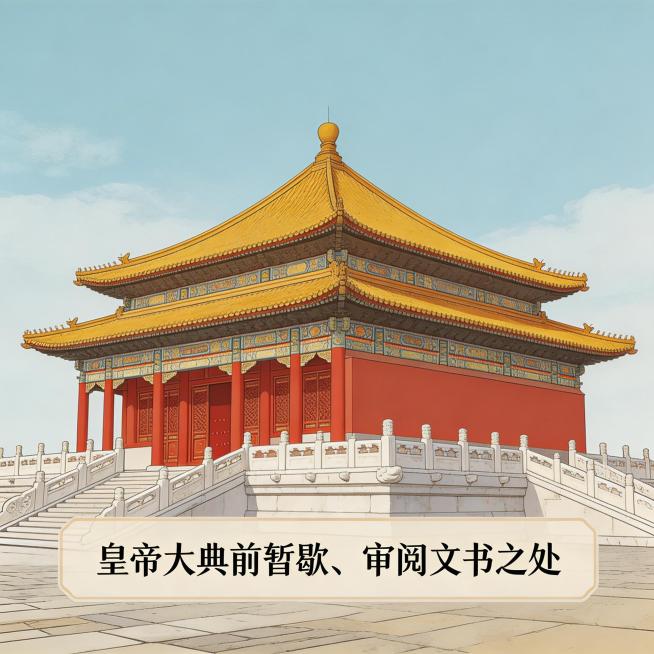 写实国风漫画功能特写格，呈现真实故宫中和殿特写，方形小殿小巧规整，文字标注“皇帝大典前暂歇、审阅文书之处”，写实国风漫画风格，色调贴合朱红、明黄、汉白玉白，贴合故宫实景预览效果