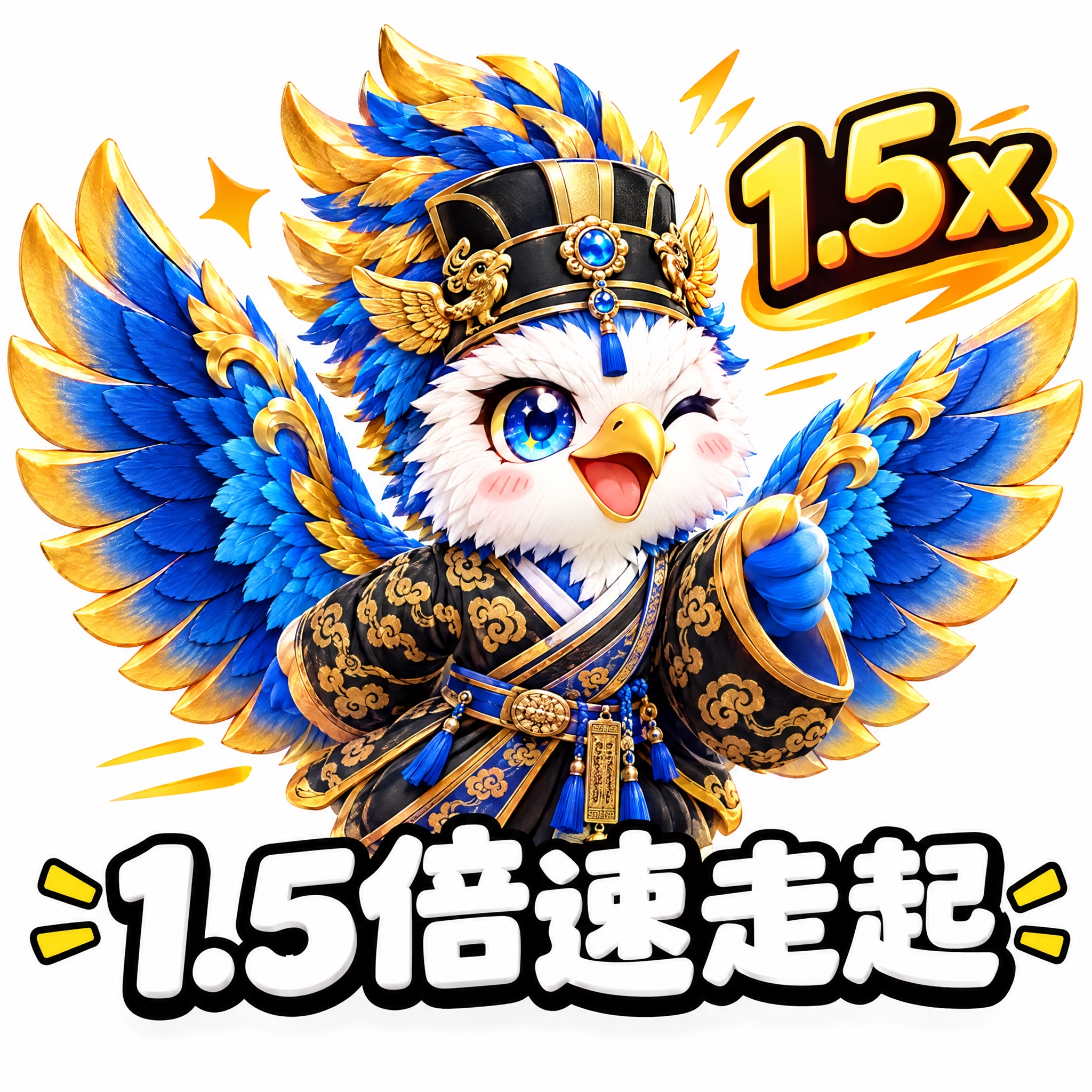 参考图中的蓝金鹰形神兽（穿黑金汉服、展翅），做成可爱表情包风格… - 图片创意预览
