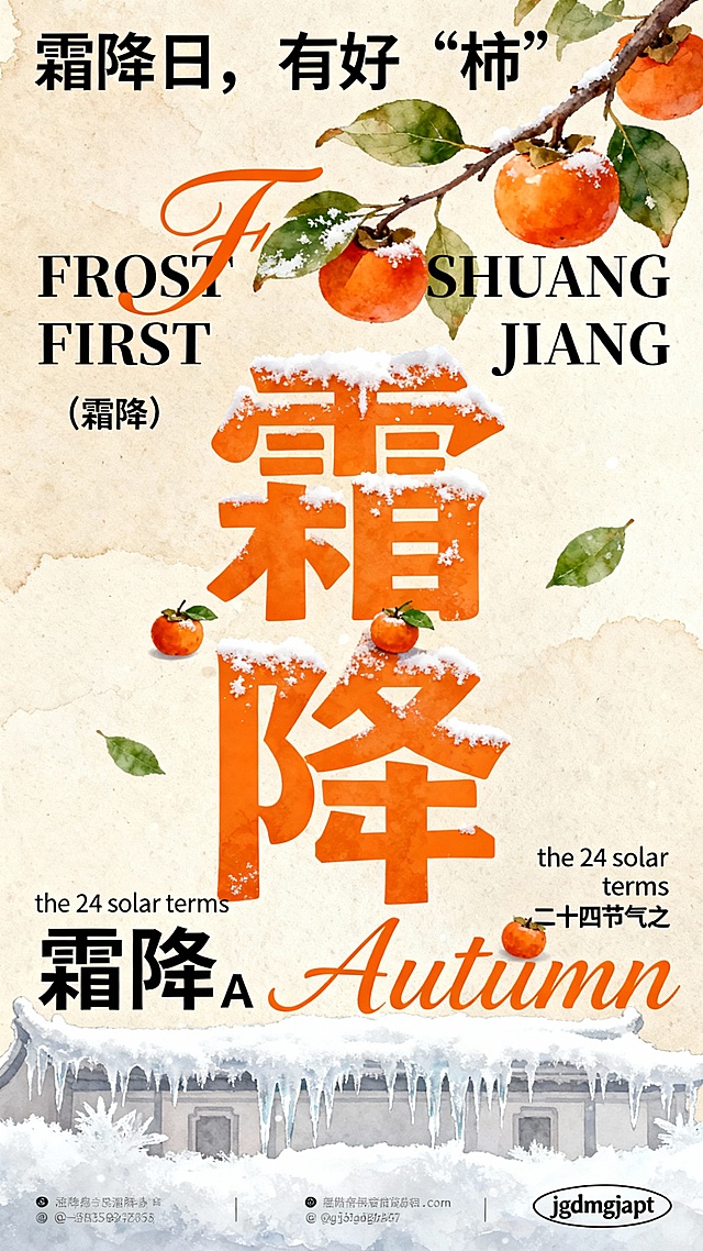 画面主体是围绕霜降节气展开的创意设计。背景为浅米色，带有水彩质感，营造出温暖柔和的秋日氛围，底部有白色的霜状装饰，模拟霜降的景象，还能看到带有冰霜的建筑轮廓，增强节气氛围感。画面元素丰富，上方有柿子树枝，挂着橙色的柿子和绿色的叶子，增添了秋日丰收的感觉；中间是大号的“霜降”艺术字，字体采用橙色，表面带有白色的霜迹，呈现出被打霜的效果，上面点缀着小柿子和绿叶，生动形象；