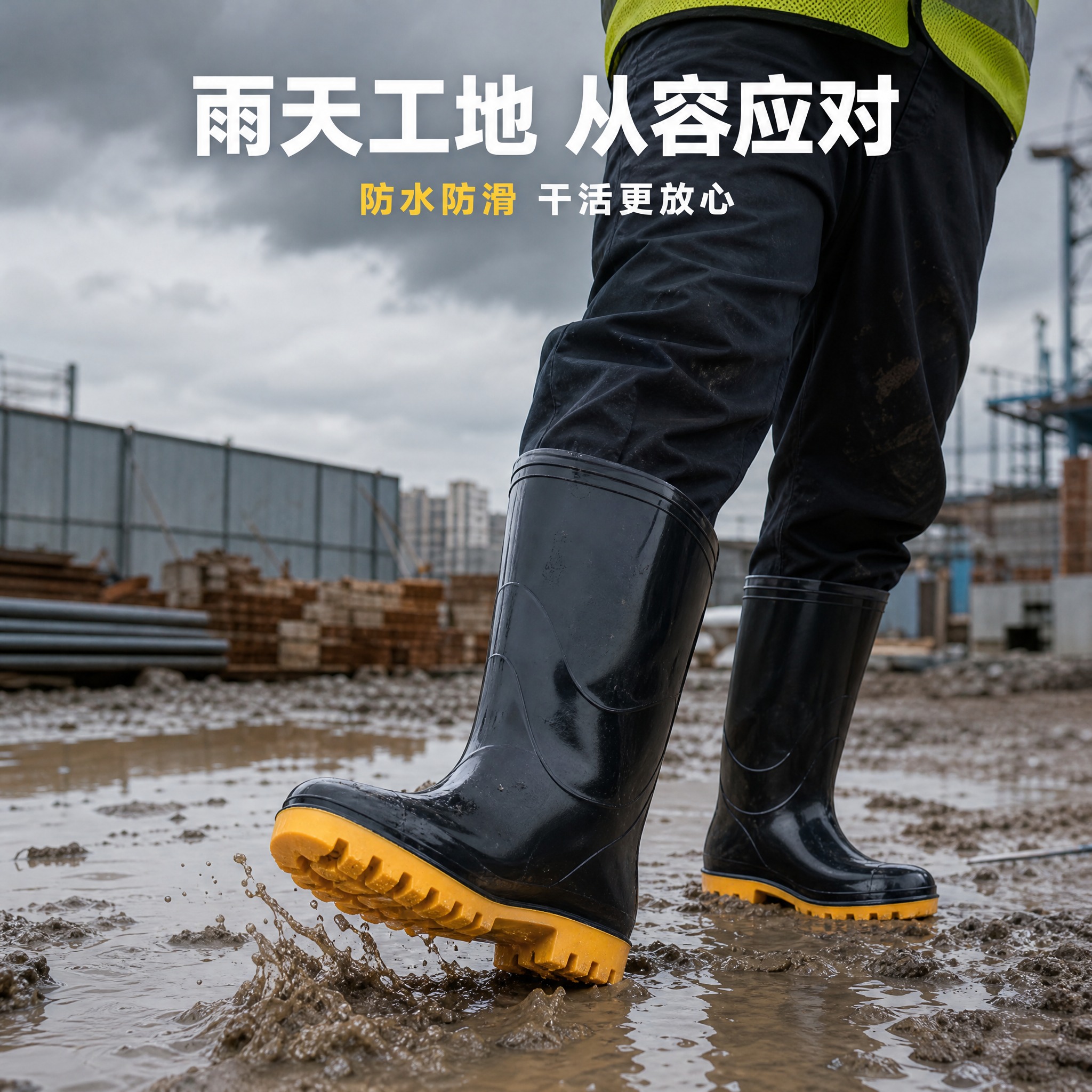 [主图-3] 黑色高筒雨靴 户外工地雨天真实使用场景。 [统一… - 图片创意预览